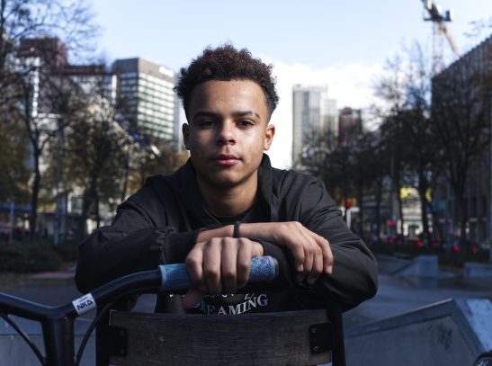 Portrait of a skater in skatepark Rotterdam taken on a fuji gfx50s off camera flash 63mm.